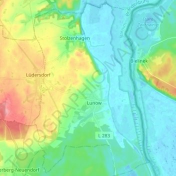 Mapa topográfico Lunow-Stolzenhagen, altitud, relieve