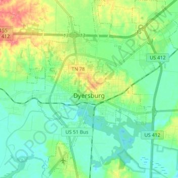Mapa topográfico Dyersburg, altitud, relieve