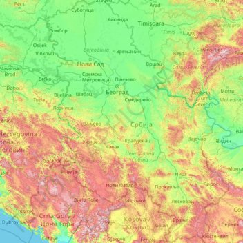 Mapa topográfico Serbia, altitud, relieve