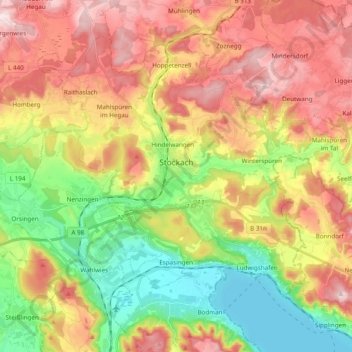 Mapa topográfico Stockach, altitud, relieve