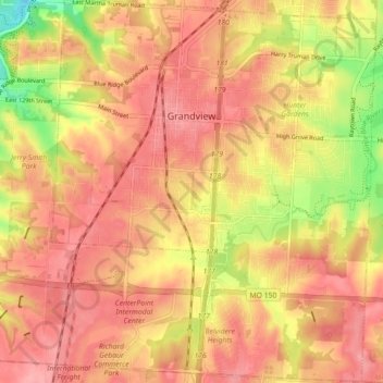 Mapa topográfico Grandview, altitud, relieve