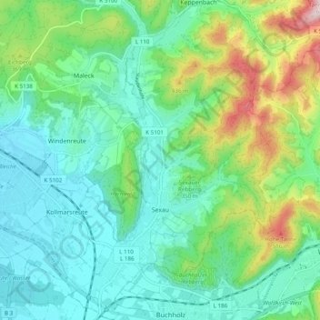 Mapa topográfico Sexau, altitud, relieve