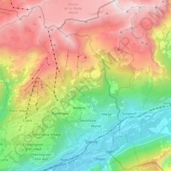 Mapa topográfico Crans-Montana, altitud, relieve