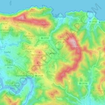 Mapa topográfico Lemoiz, altitud, relieve