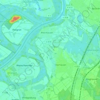 Mapa topográfico Oberhausen-Rheinhausen, altitud, relieve