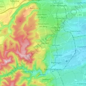 Mapa topográfico Weisenheim am Berg, altitud, relieve