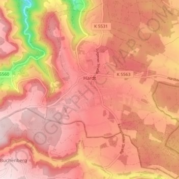 Mapa topográfico Hardt, altitud, relieve