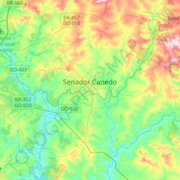 Mapa topográfico Senador Canedo, altitud, relieve