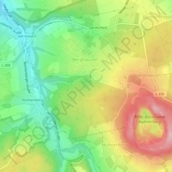 Mapa topográfico Berghausen, altitud, relieve