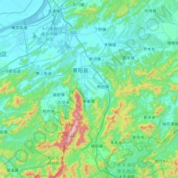 Mapa topográfico 青阳县, altitud, relieve