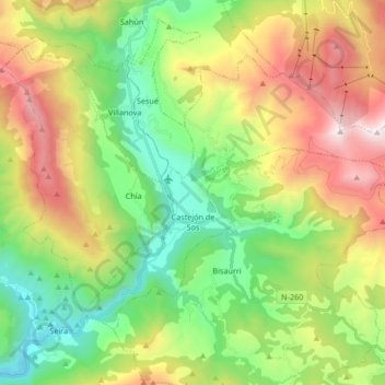 Mapa topográfico Castejón de Sos, altitud, relieve