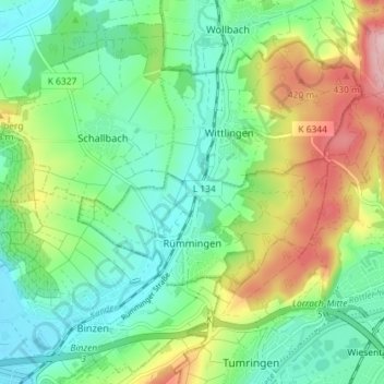 Mapa topográfico Rümmingen, altitud, relieve