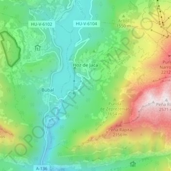 Mapa topográfico Hoz de Jaca, altitud, relieve