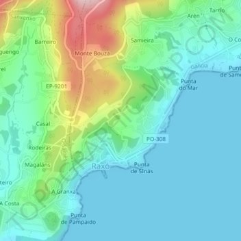 Mapa topográfico Raxó, altitud, relieve