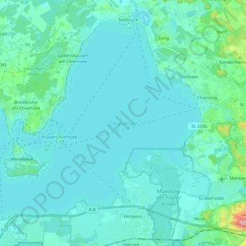 Mapa topográfico Chiemsee, altitud, relieve