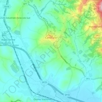 Mapa topográfico Camerano, altitud, relieve