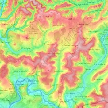 Mapa topográfico Mandelbachtal, altitud, relieve