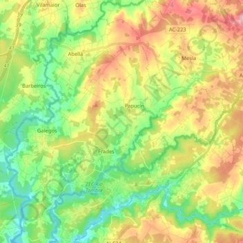 Mapa topográfico Frades, altitud, relieve