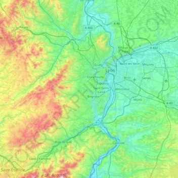 Mapa topográfico Lyon, altitud, relieve
