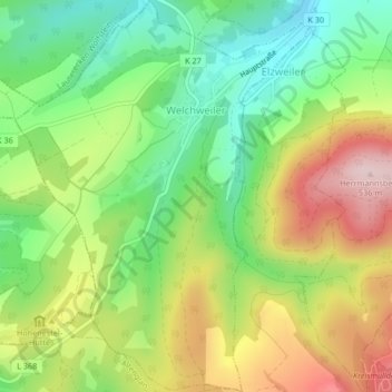 Mapa topográfico Welchweiler, altitud, relieve