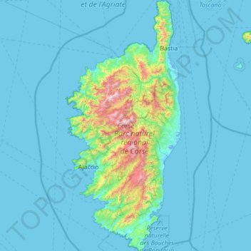 Mapa topográfico Corse, altitud, relieve