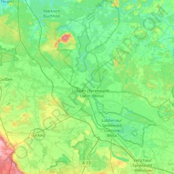 Mapa topográfico Spreewald, altitud, relieve