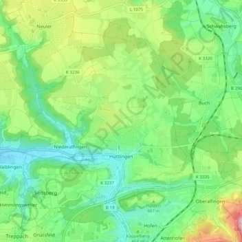 Mapa topográfico Hüttlingen, altitud, relieve