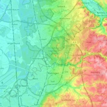 Mapa topográfico Ratingen, altitud, relieve