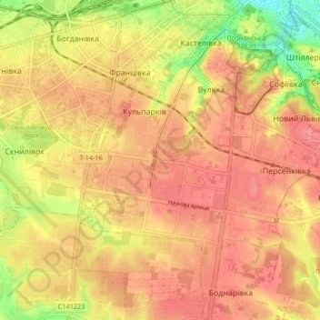 Mapa topográfico Франківський район, altitud, relieve