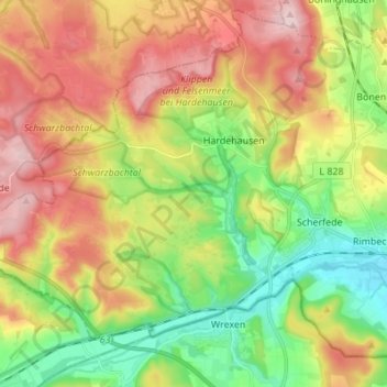 Mapa topográfico Scherfede, altitud, relieve