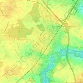 Mapa topográfico Wickrath-Mitte, altitud, relieve