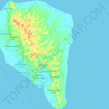 Mapa topográfico Tarakan, altitud, relieve