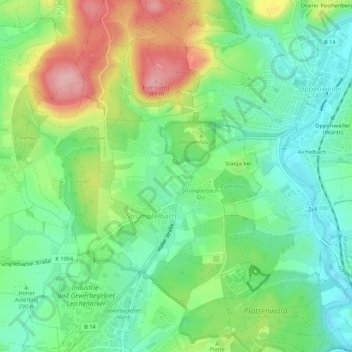 Mapa topográfico Strümpfelbach, altitud, relieve