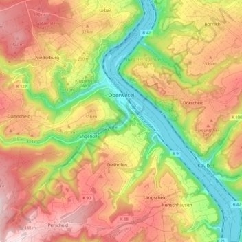 Mapa topográfico Oberwesel, altitud, relieve