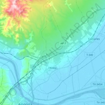 Mapa topográfico l'Aldea, altitud, relieve