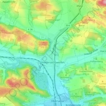 Mapa topográfico Niedersachswerfen, altitud, relieve