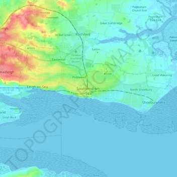 Mapa topográfico Southend-on-Sea, altitud, relieve