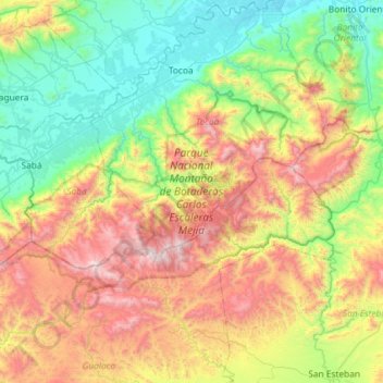 Mapa topográfico Parque Nacional Montaña de Botaderos Carlos Escaleras Mejía, altitud, relieve