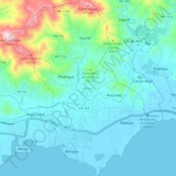 Mapa topográfico Arroyo, altitud, relieve