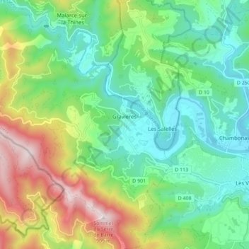 Mapa topográfico Gravières, altitud, relieve