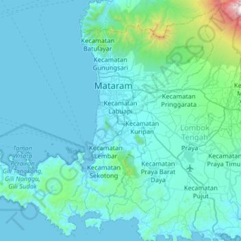 Mapa topográfico Lombok Barat, altitud, relieve