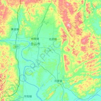 Mapa topográfico 合山市, altitud, relieve