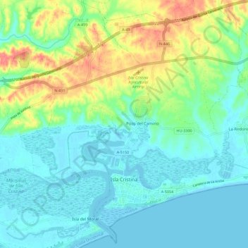 Mapa topográfico Isla Cristina, altitud, relieve