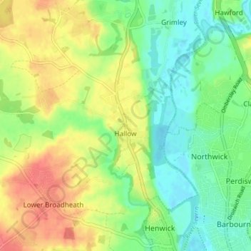 Mapa topográfico Hallow, altitud, relieve