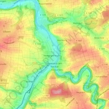 Mapa topográfico Remseck am Neckar, altitud, relieve