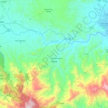 Mapa topográfico Petoa, altitud, relieve