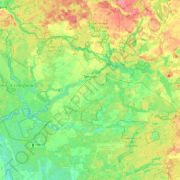 Mapa topográfico Templin, altitud, relieve