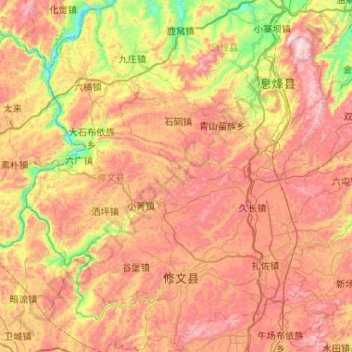 Mapa topográfico 修文县, altitud, relieve