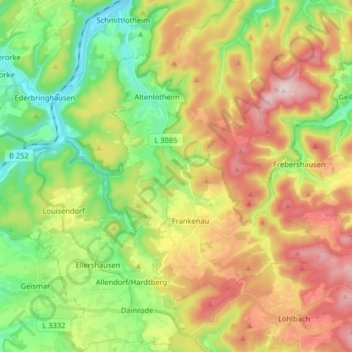 Mapa topográfico Frankenau, altitud, relieve