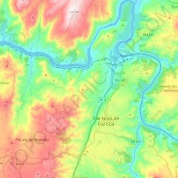 Mapa topográfico Vila Nova Foz Coa, altitud, relieve